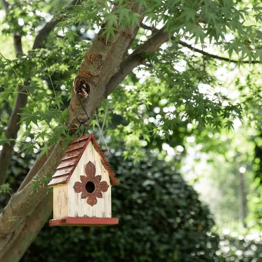 Outdoor A-Frame Solid Wood Bird House with Terracotta Color Slatted Roof FastFurnishings