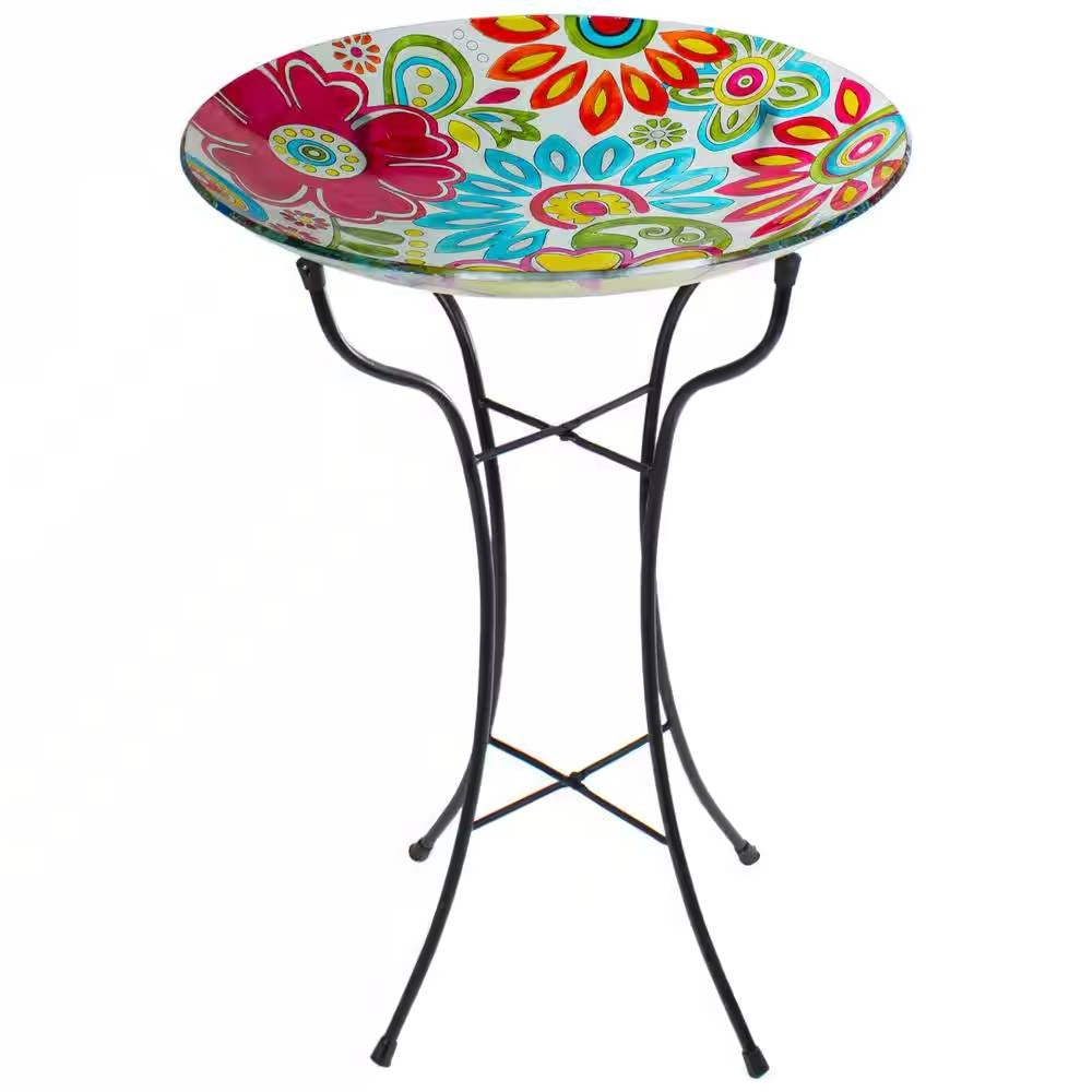 18-inch Blue Yellow Red Pastel Flowers Painted Glass Outdoor Bird Bath w/ Stand FastFurnishings