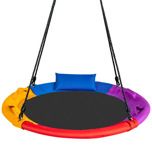 40 inch Saucer Tree Outdoor Round Platform Swing with Pillow and Handle-Multicolor W2B