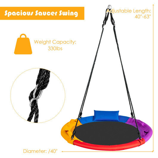 40 inch Saucer Tree Outdoor Round Platform Swing with Pillow and Handle-Multicolor W2B