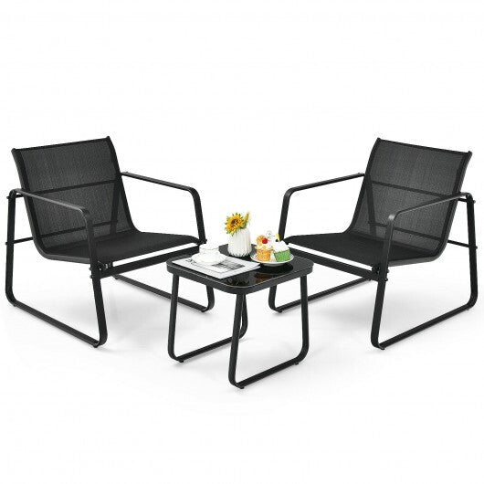 3 Pieces Patio Bistro Furniture Set with Glass Top Table Garden Deck-Black - Color: Black W2B