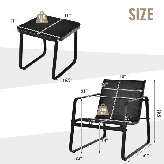 3 Pieces Patio Bistro Furniture Set with Glass Top Table Garden Deck-Black - Color: Black W2B