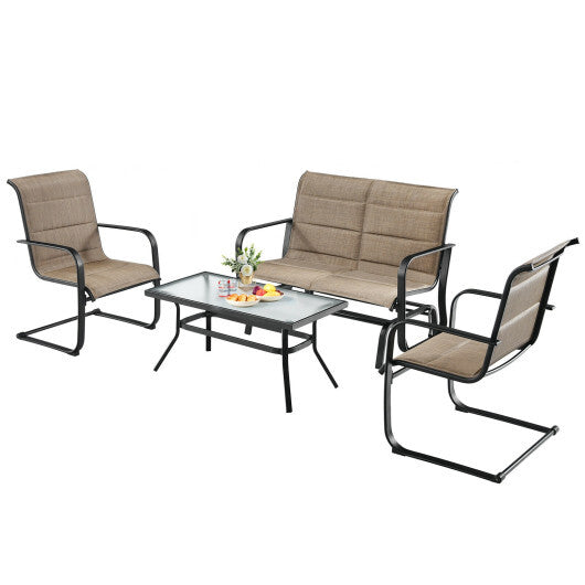 4 Pieces Outdoor Patio Furniture Set with Padded Glider Loveseat and Coffee Table-Brown W2B