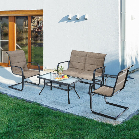 4 Pieces Outdoor Patio Furniture Set with Padded Glider Loveseat and Coffee Table-Brown W2B