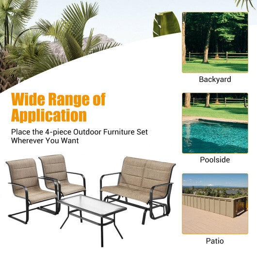 4 Pieces Outdoor Patio Furniture Set with Padded Glider Loveseat and Coffee Table-Brown W2B