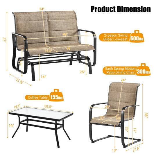 4 Pieces Outdoor Patio Furniture Set with Padded Glider Loveseat and Coffee Table-Brown W2B