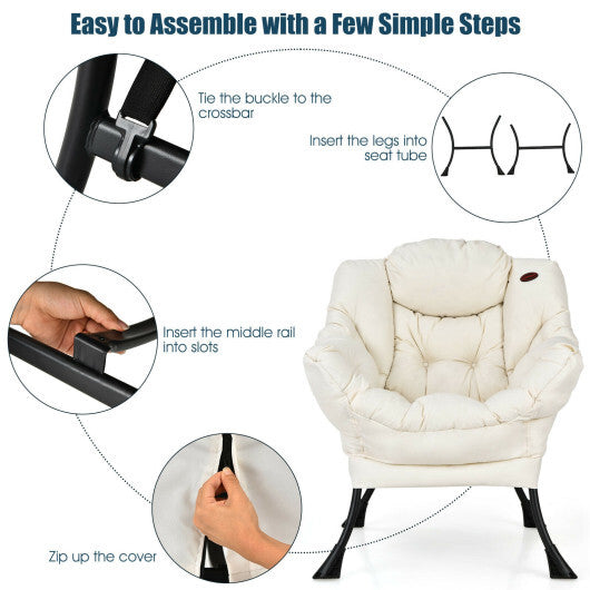 Modern Polyester Fabric Lazy Chair with Steel Frame and Side Pocket-Beige - Color: Beige W2B