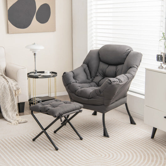 Modern Accent Sofa Chair with Folding Footrest and Side Pocket-Beige