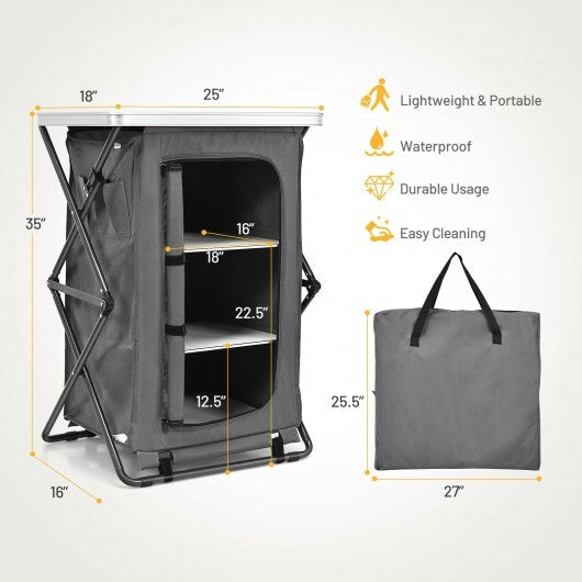 Folding Camping Storage Cabinet with 3 Shelves and Carry Bag-M - Color: Gray - Size: M W2B