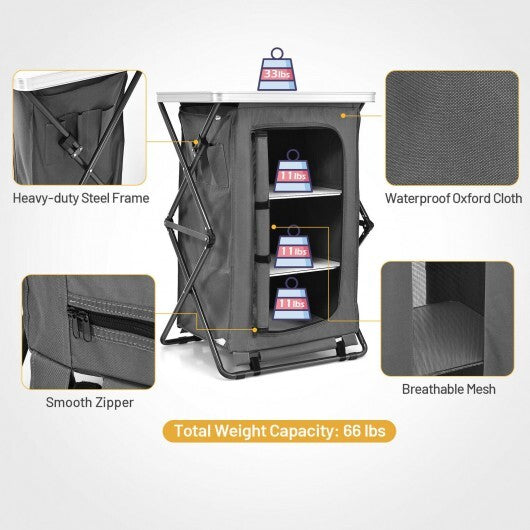 Folding Camping Storage Cabinet with 3 Shelves and Carry Bag-M - Color: Gray - Size: M W2B
