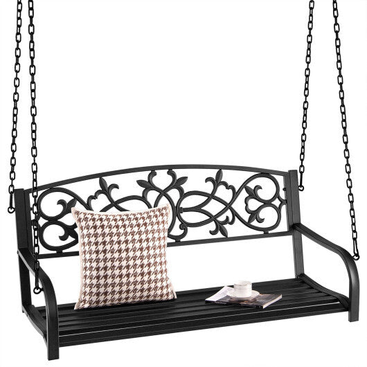 2-Person Outdoor Porch Metal Hanging Swing Chair with Sturdy Chains-Brown
