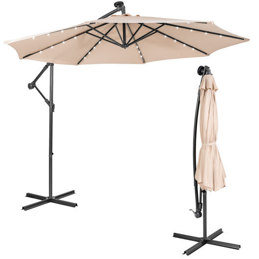 10 Feet Patio Solar Powered Cantilever Umbrella with Tilting System-Beige W2B