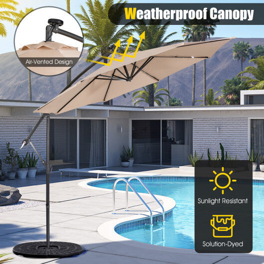 10 Feet Patio Solar Powered Cantilever Umbrella with Tilting System-Beige W2B