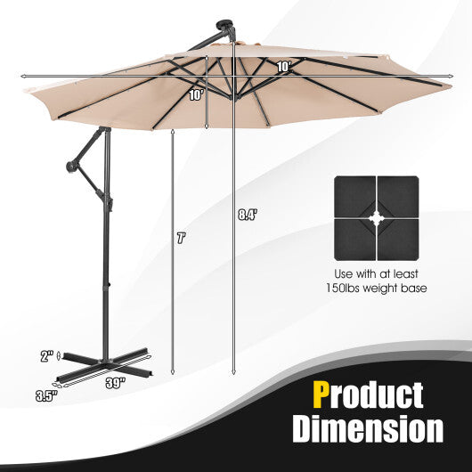 10 Feet Patio Solar Powered Cantilever Umbrella with Tilting System-Beige W2B