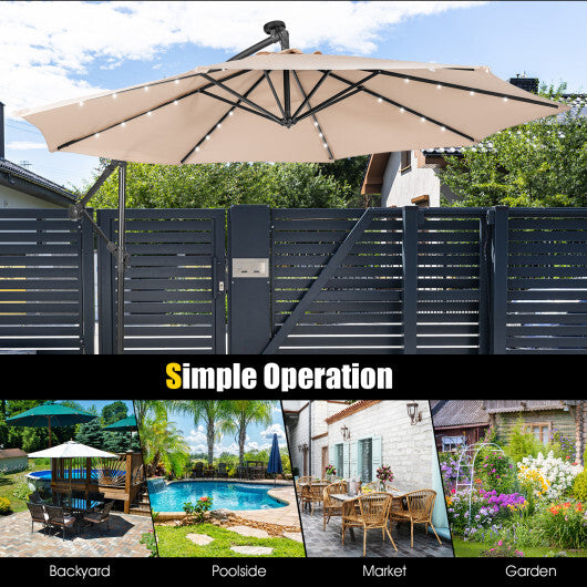 10 Feet Patio Solar Powered Cantilever Umbrella with Tilting System-Beige W2B