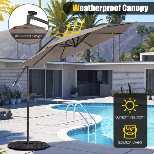 10 Feet Patio Solar Powered Cantilever Umbrella with Tilting System-Beige W2B