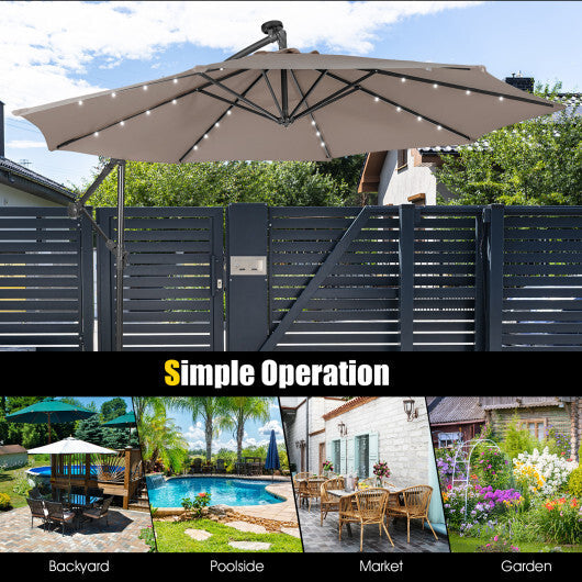 10 Feet Patio Solar Powered Cantilever Umbrella with Tilting System-Beige W2B