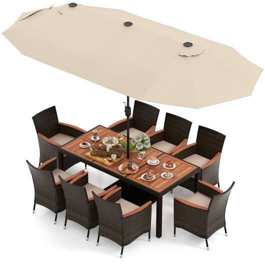 9 Piece Outdoor Dining Set with 15 Feet Double-Sided Twin Patio Umbrella-Beige