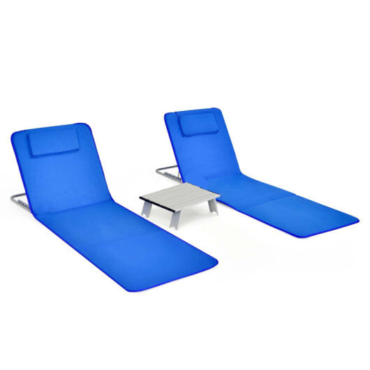 3 Pieces Beach Lounge Chair Mat Set 2 Adjustable Lounge Chairs with Table Stripe-Blue - Color: Blue W2B