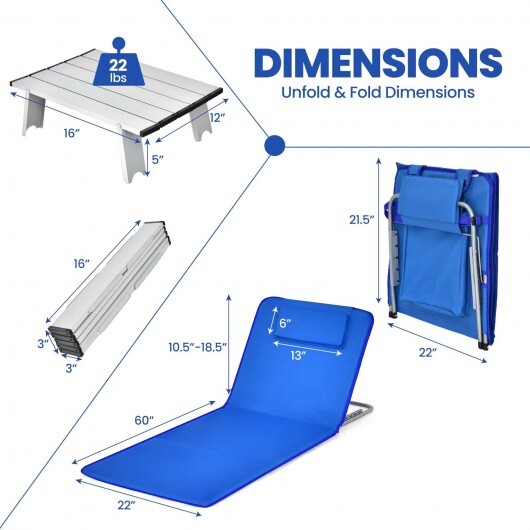 3 Pieces Beach Lounge Chair Mat Set 2 Adjustable Lounge Chairs with Table Stripe-Blue - Color: Blue W2B