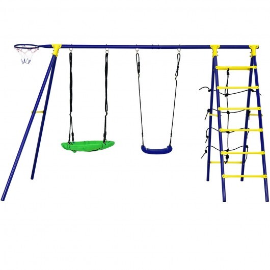 5-In-1 Outdoor Kids Swing Set with A-Shaped Metal Frame and Ground Stake W2B