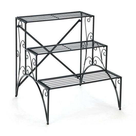 3-Tier Metal Plant Stand with Widened Grid Shelf for Porch Garden-Black W2B