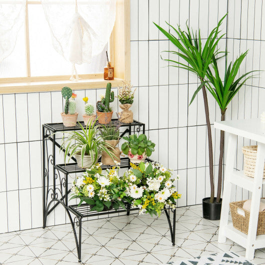 3-Tier Metal Plant Stand with Widened Grid Shelf for Porch Garden-Black W2B