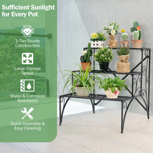 3-Tier Metal Plant Stand with Widened Grid Shelf for Porch Garden-Black W2B