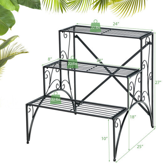 3-Tier Metal Plant Stand with Widened Grid Shelf for Porch Garden-Black W2B