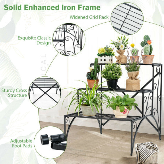 3-Tier Metal Plant Stand with Widened Grid Shelf for Porch Garden-Black W2B