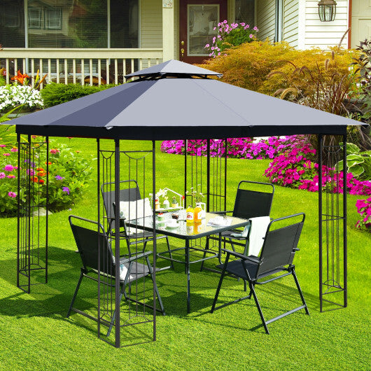 10 x 10 Feet L-Shaped Patio Canopy Gazebo Outdoor 2-Tier Steel Tent-Beige