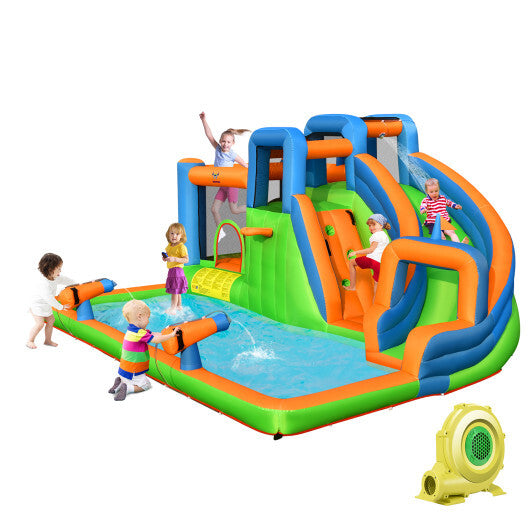 7-in-1 Inflatable Giant Water Park Bouncer with Dual Climbing Walls and 735W Blower W2B