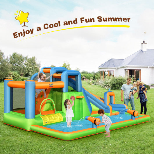 7-in-1 Inflatable Giant Water Park Bouncer with Dual Climbing Walls and 735W Blower W2B