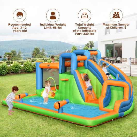 7-in-1 Inflatable Giant Water Park Bouncer with Dual Climbing Walls and 735W Blower W2B