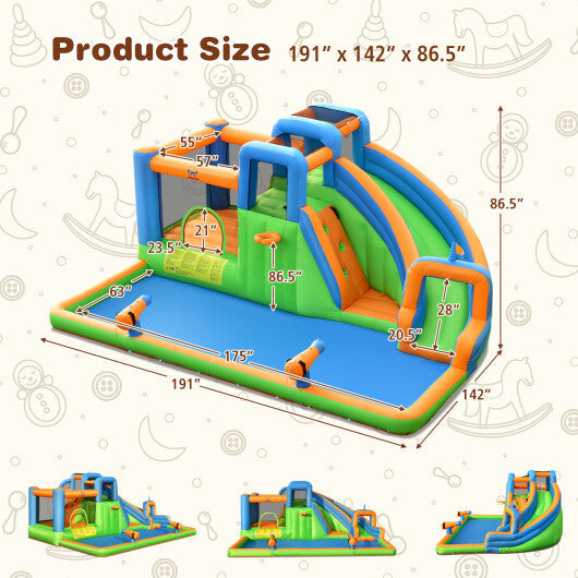 7-in-1 Inflatable Giant Water Park Bouncer with Dual Climbing Walls and 735W Blower W2B