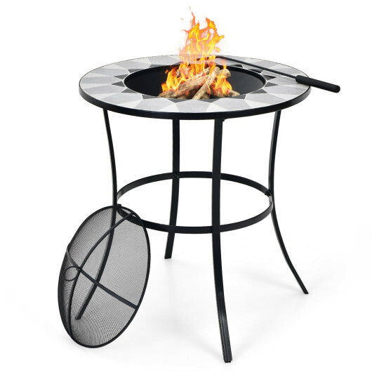 23.5 Inches Round Fire Pit Table with Mesh Cover and Fire Poker - Color: Black W2B