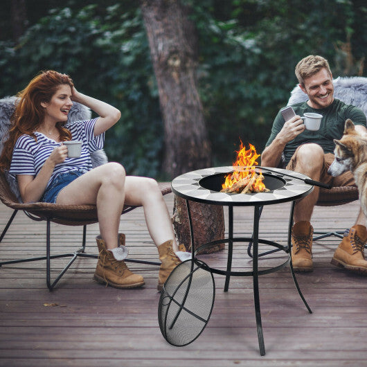 23.5 Inches Round Fire Pit Table with Mesh Cover and Fire Poker W2B