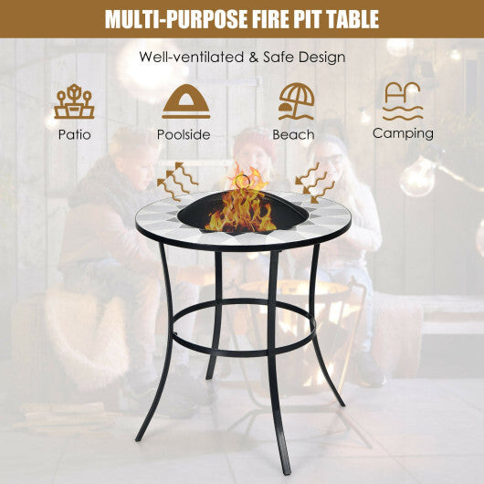 23.5 Inches Round Fire Pit Table with Mesh Cover and Fire Poker W2B