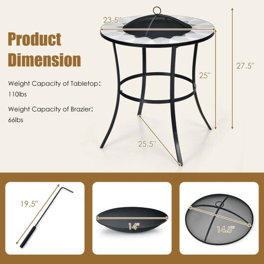 23.5 Inches Round Fire Pit Table with Mesh Cover and Fire Poker W2B