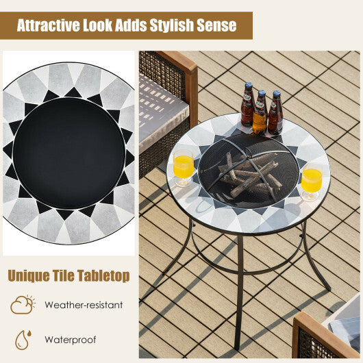 23.5 Inches Round Fire Pit Table with Mesh Cover and Fire Poker W2B