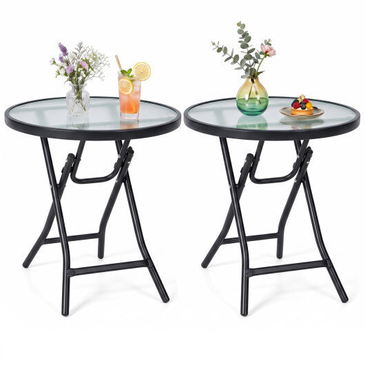Set of 2 Round Patio Side Table with Tempered Glass Top-Black W2B