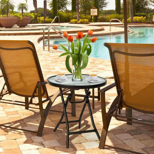 Set of 2 Round Patio Side Table with Tempered Glass Top-Black W2B