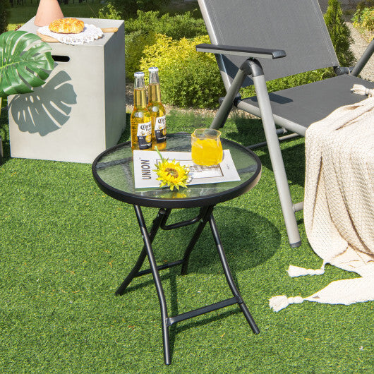 Set of 2 Round Patio Side Table with Tempered Glass Top-Black W2B