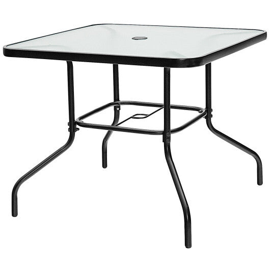 35 Inch Patio Dining Square Tempered Glass Table with Umbrella Hole W2B