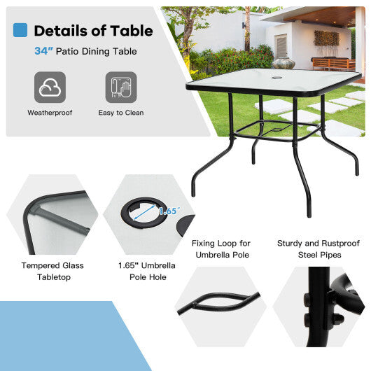 35 Inch Patio Dining Square Tempered Glass Table with Umbrella Hole W2B