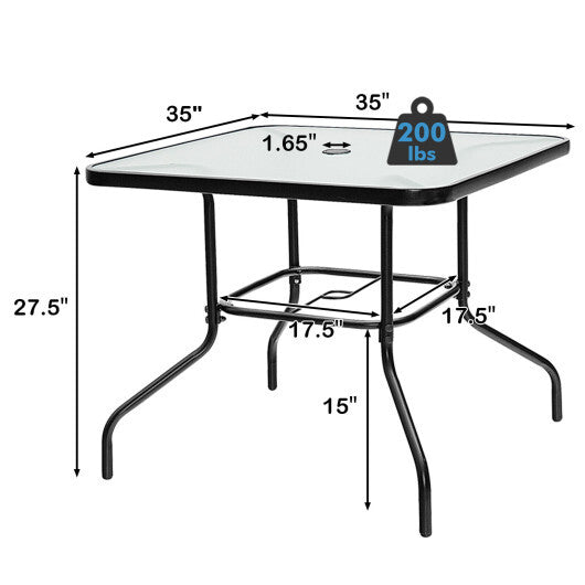 35 Inch Patio Dining Square Tempered Glass Table with Umbrella Hole W2B