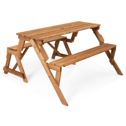2-in-1 Transforming Interchangeable Wooden Picnic Table Bench with Umbrella Hole-Dark Brown W2B