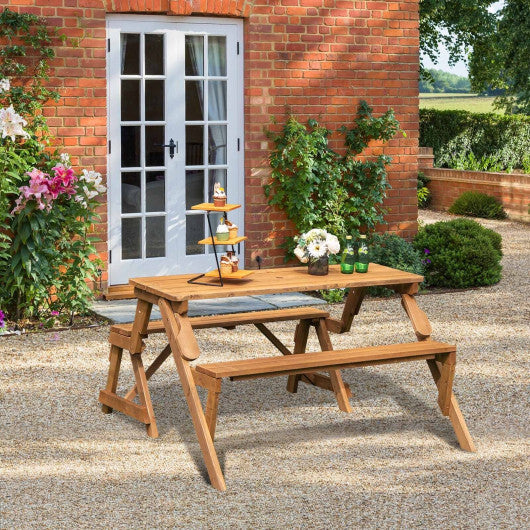 2-in-1 Transforming Interchangeable Wooden Picnic Table Bench with Umbrella Hole-Dark Brown W2B