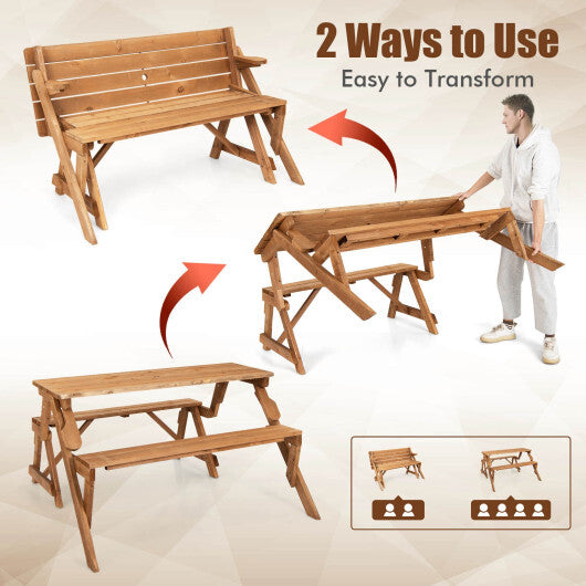 2-in-1 Transforming Interchangeable Wooden Picnic Table Bench with Umbrella Hole-Dark Brown W2B