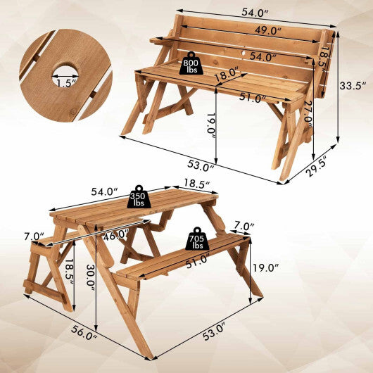 2-in-1 Transforming Interchangeable Wooden Picnic Table Bench with Umbrella Hole-Dark Brown W2B